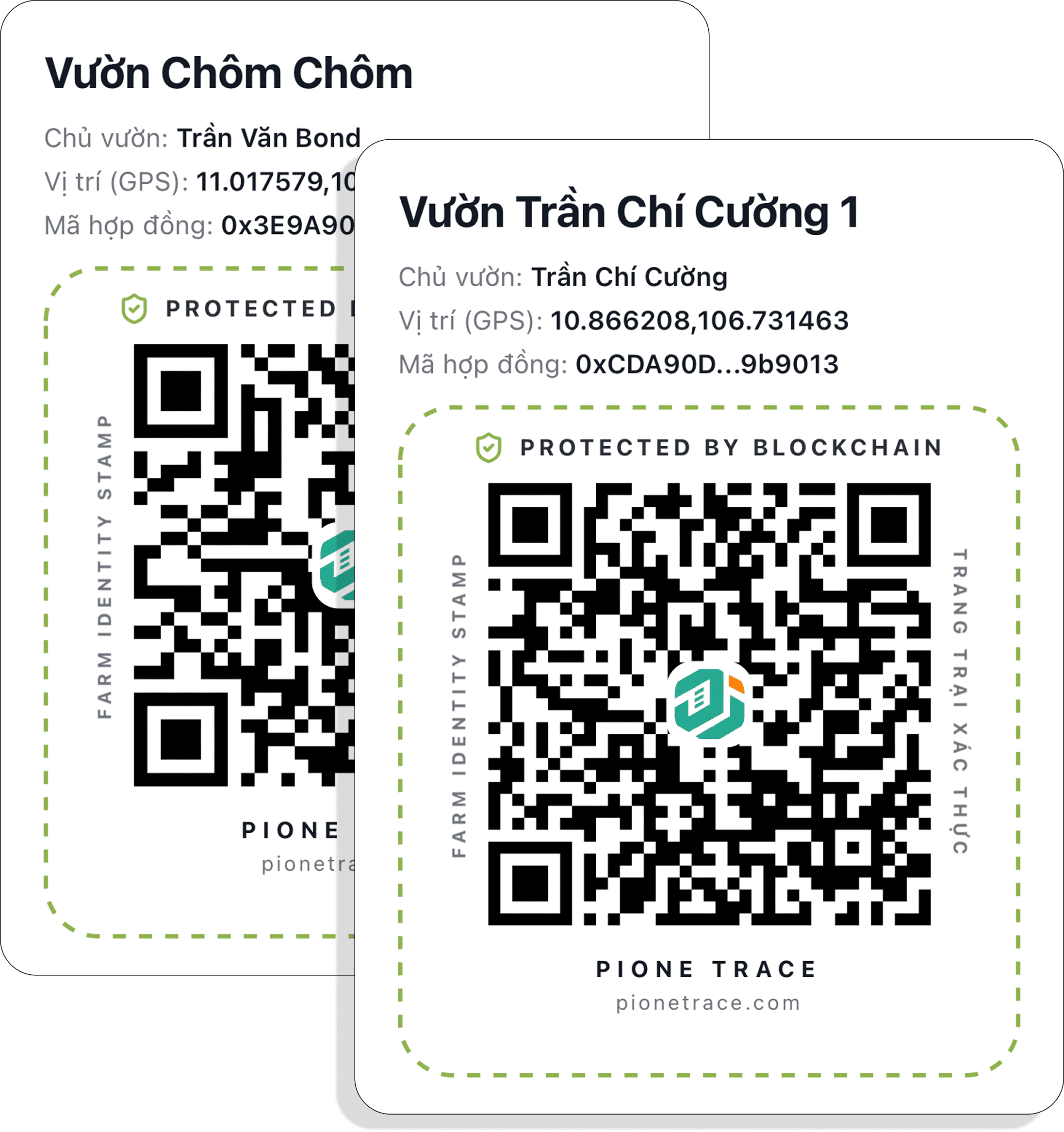 Tem QR blockchain Pione Trace — nhãn gắn trên sản phẩm, quét để xem toàn bộ lịch sử nguồn gốc và canh tác